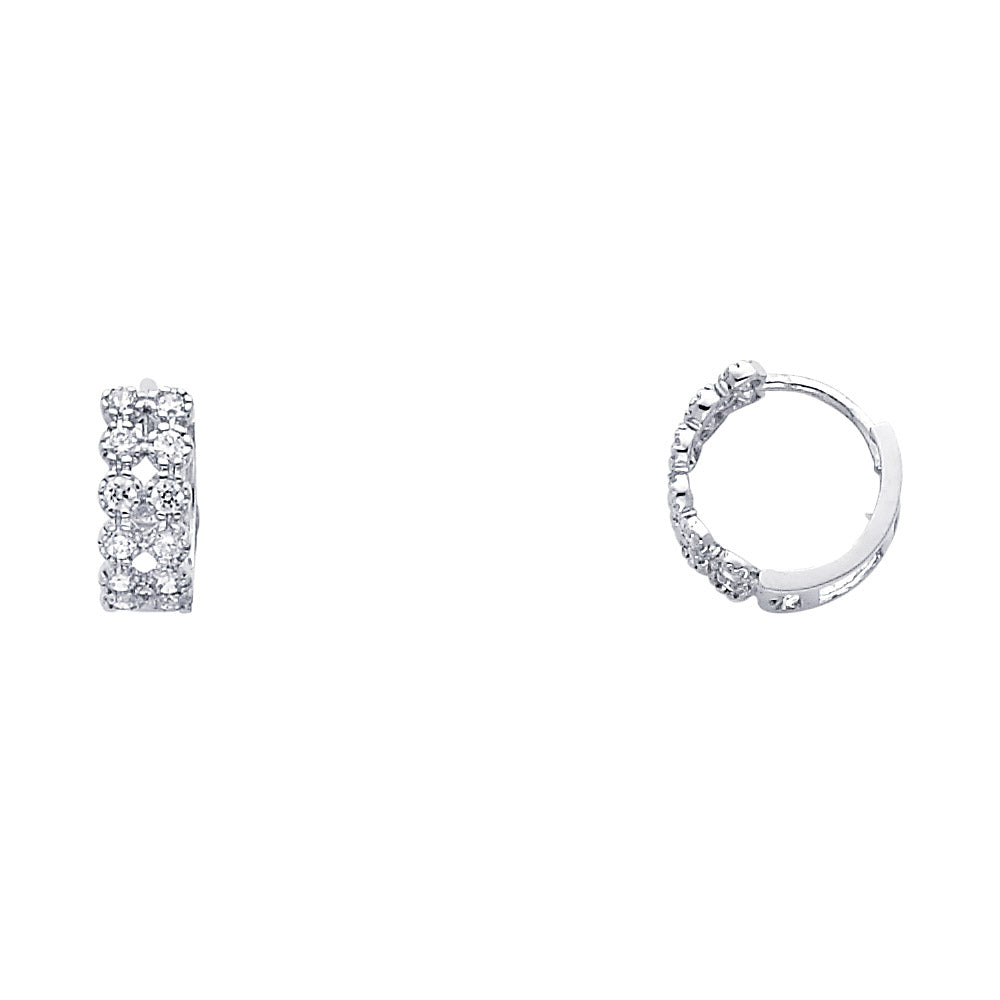 14K White Gold 2-Line Huggie CZ Earrings