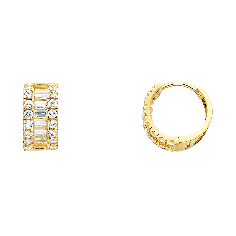 14K Yellow Gold Baguette and Round CZ Huggie Earrings