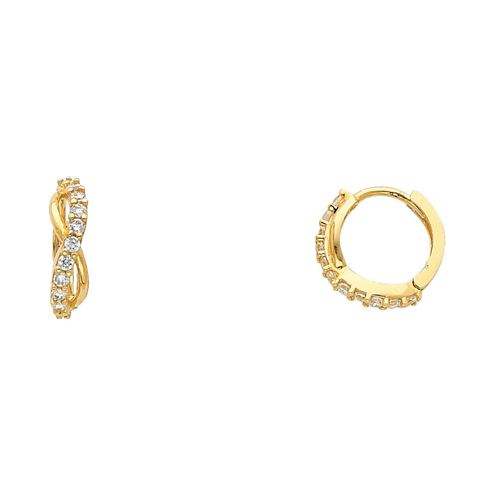 14K Yellow Gold Twisted Design Hoop CZ Earrings