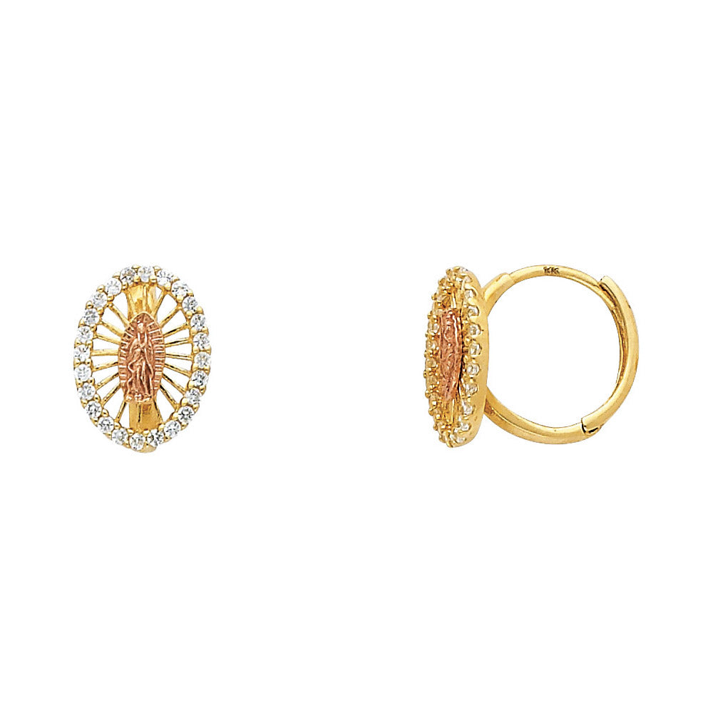 14K Two-Tone Gold Oval Guadalupe Hoop CZ Earrings