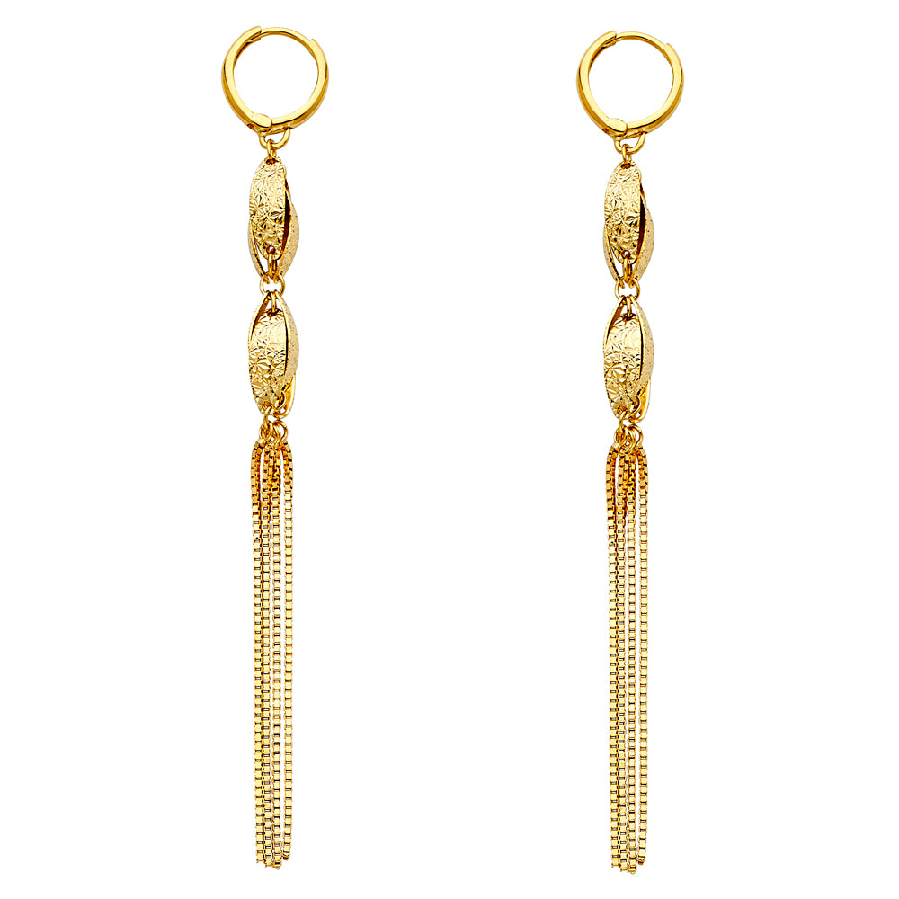 14K Yellow Gold Textured Oval Tassel Dangle Earrings