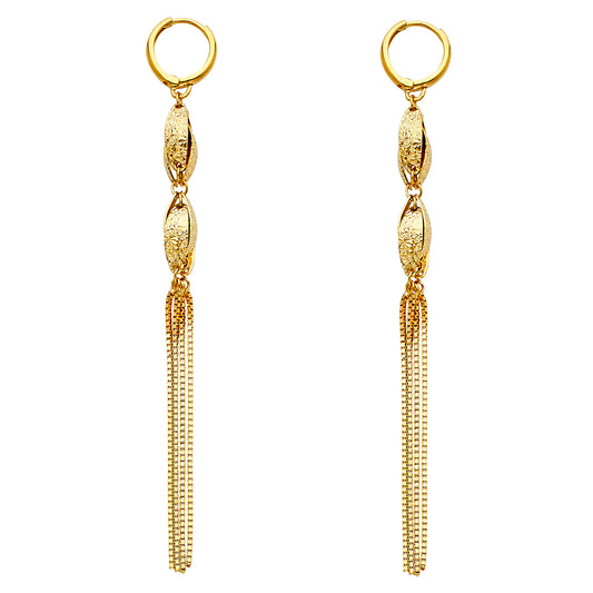 14K Yellow Gold Textured Oval Tassel Dangle Earrings