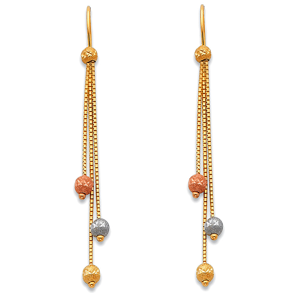 14K Tri-Color Gold Textured Bead Dangle Earrings