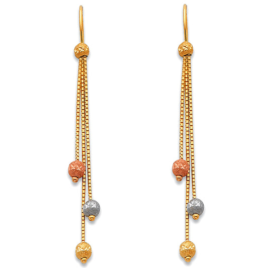 14K Tri-Color Gold Textured Bead Dangle Earrings