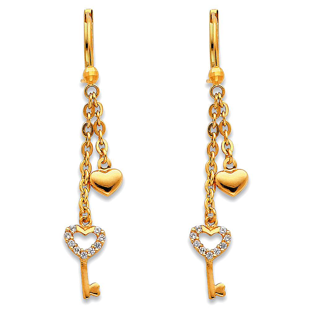 14K Yellow Gold Heart & Key Dangle CZ Earrings