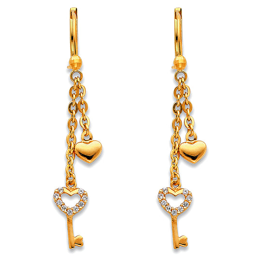 14K Yellow Gold Heart & Key Dangle CZ Earrings