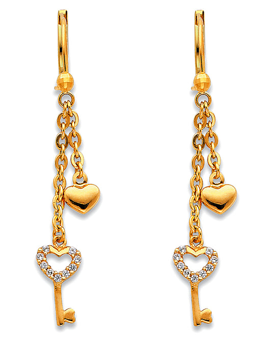 14K Yellow Gold Heart & Key Dangle CZ Earrings