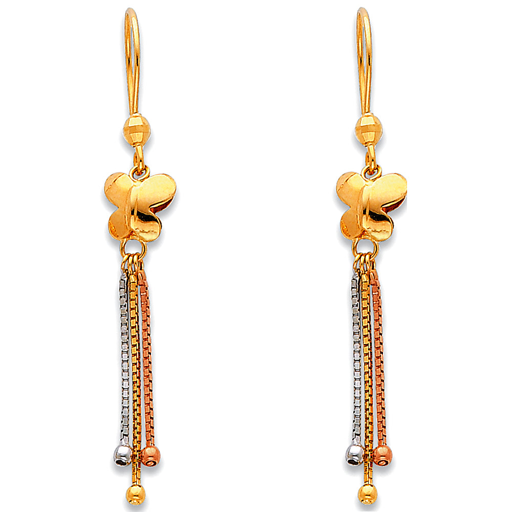 14K Tri-Color Gold Butterfly Dangle Earrings