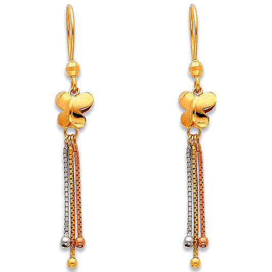 14K Tri-Color Gold Butterfly Dangle Earrings