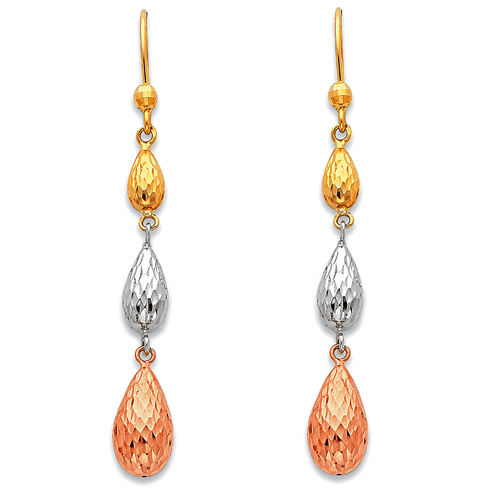 14K Tri-Color Gold Teardrop Dangle Earrings