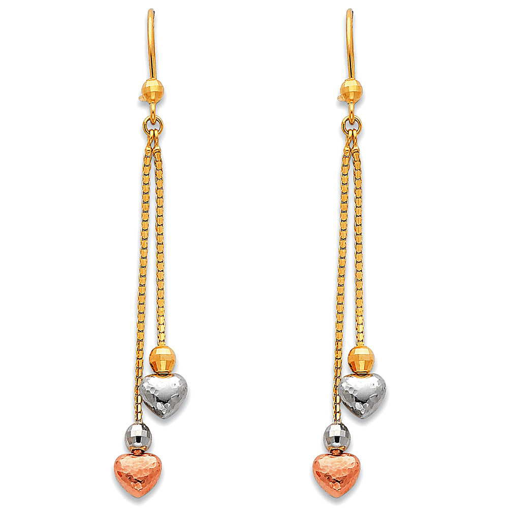 14K Tri-Color Gold Heart Dangle Earrings
