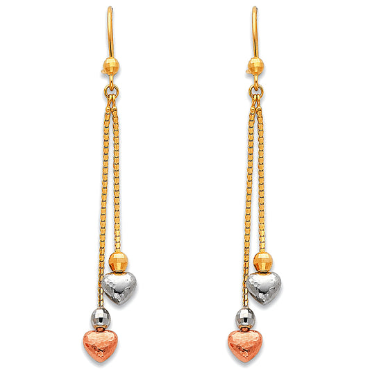 14K Tri-Color Gold Heart Dangle Earrings