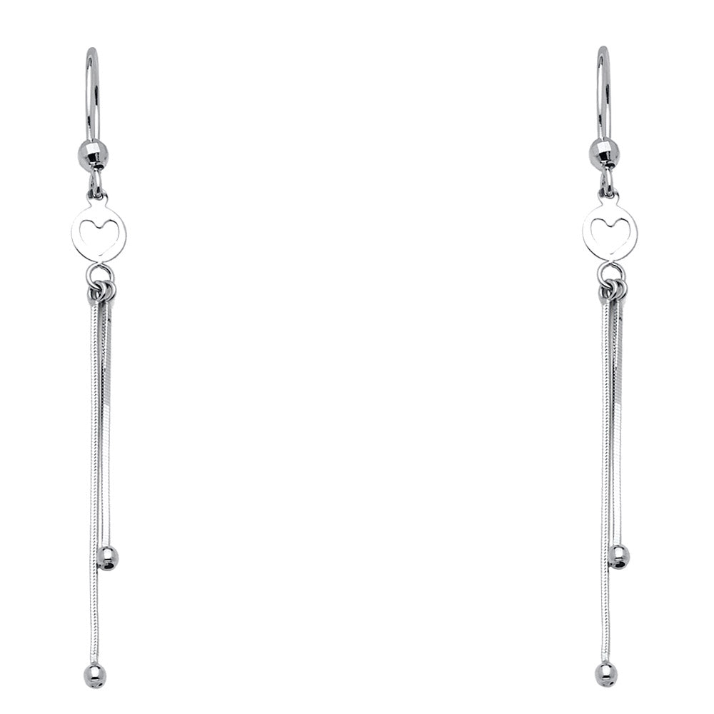 14K White Gold Heart Design Double Snake Chain Dangle Earrings