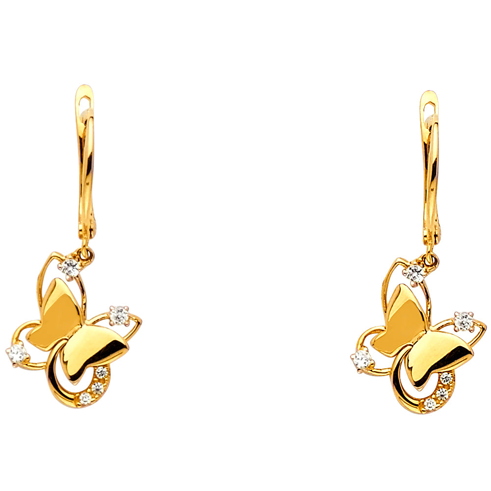 14K Yellow Gold Butterfly CZ Dangle Earrings 1" tall