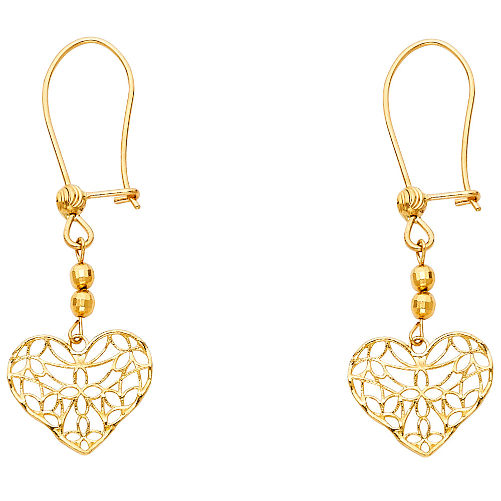 14K Yellow Gold Filigree Heart Dangle Earrings