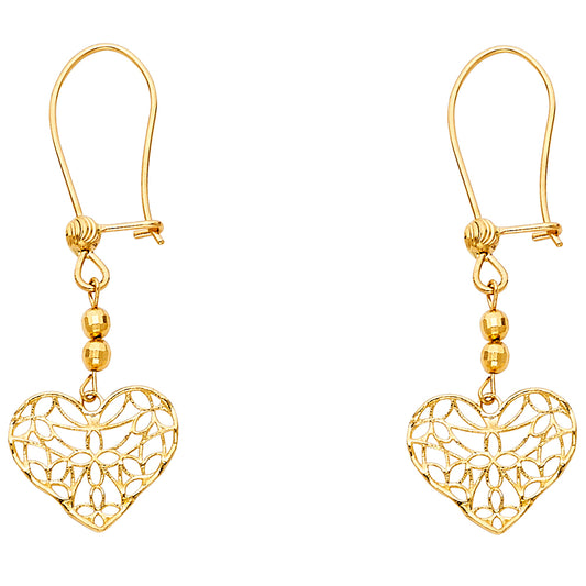 14K Yellow Gold Filigree Heart Dangle Earrings