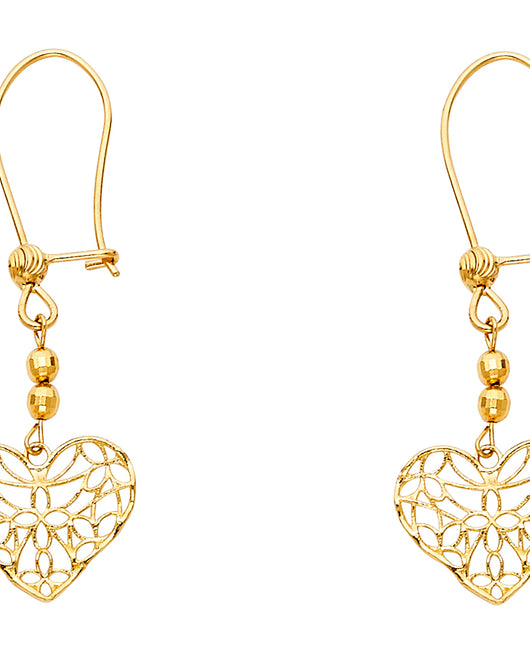 14K Yellow Gold Filigree Heart Dangle Earrings