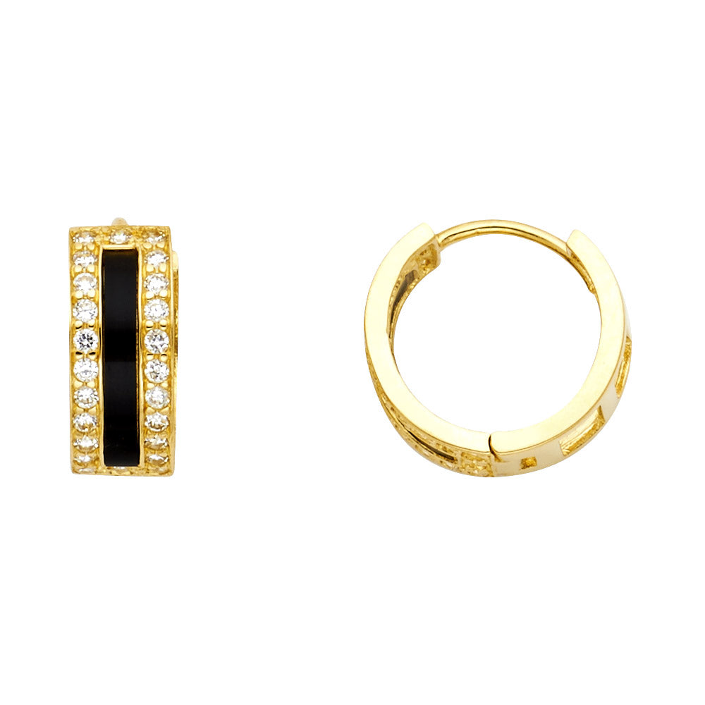14K Yellow Gold Black Enamel and CZ Huggie Earrings