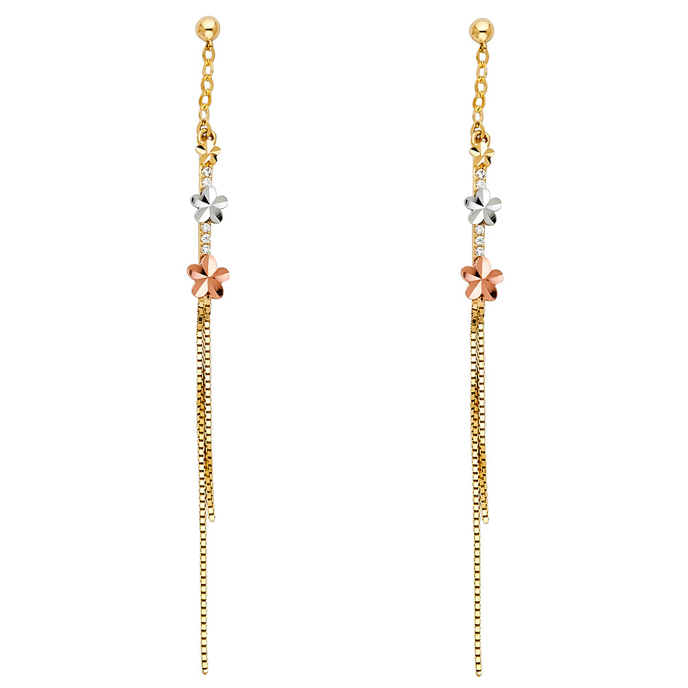 14K Tri-Color Gold Triple Flower Dangle CZ Earrings