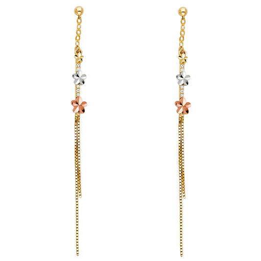 14K Tri-Color Gold Triple Flower Dangle CZ Earrings