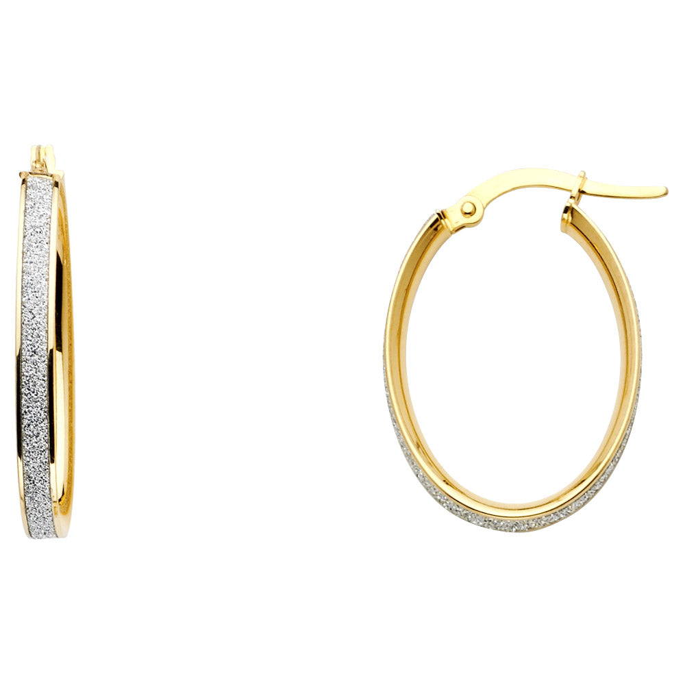 14K Two-Tone Gold Sandblast Oval Hoop Earrings aprox 1" Tall
