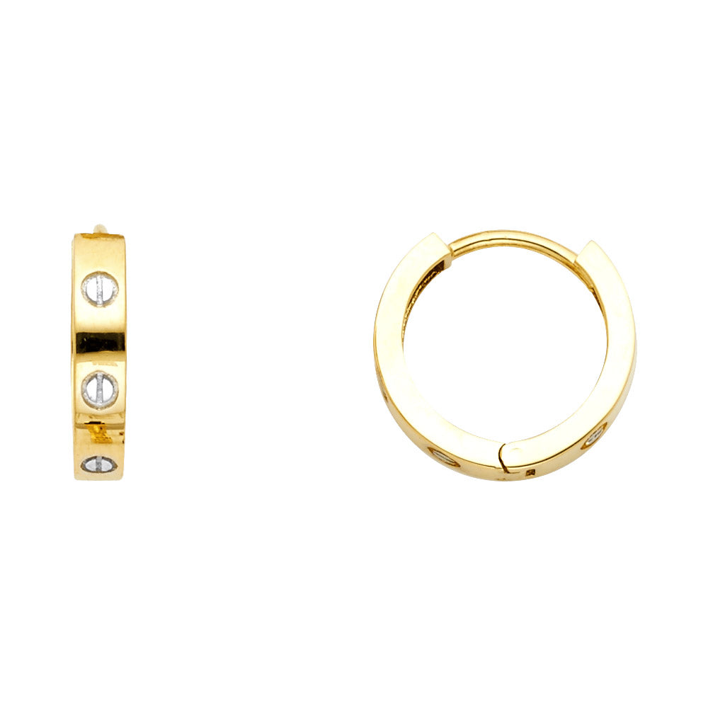 14K Two-Tone Gold High-Polished Screw Motif Hoop Earrings aprox 1/2" in diameter