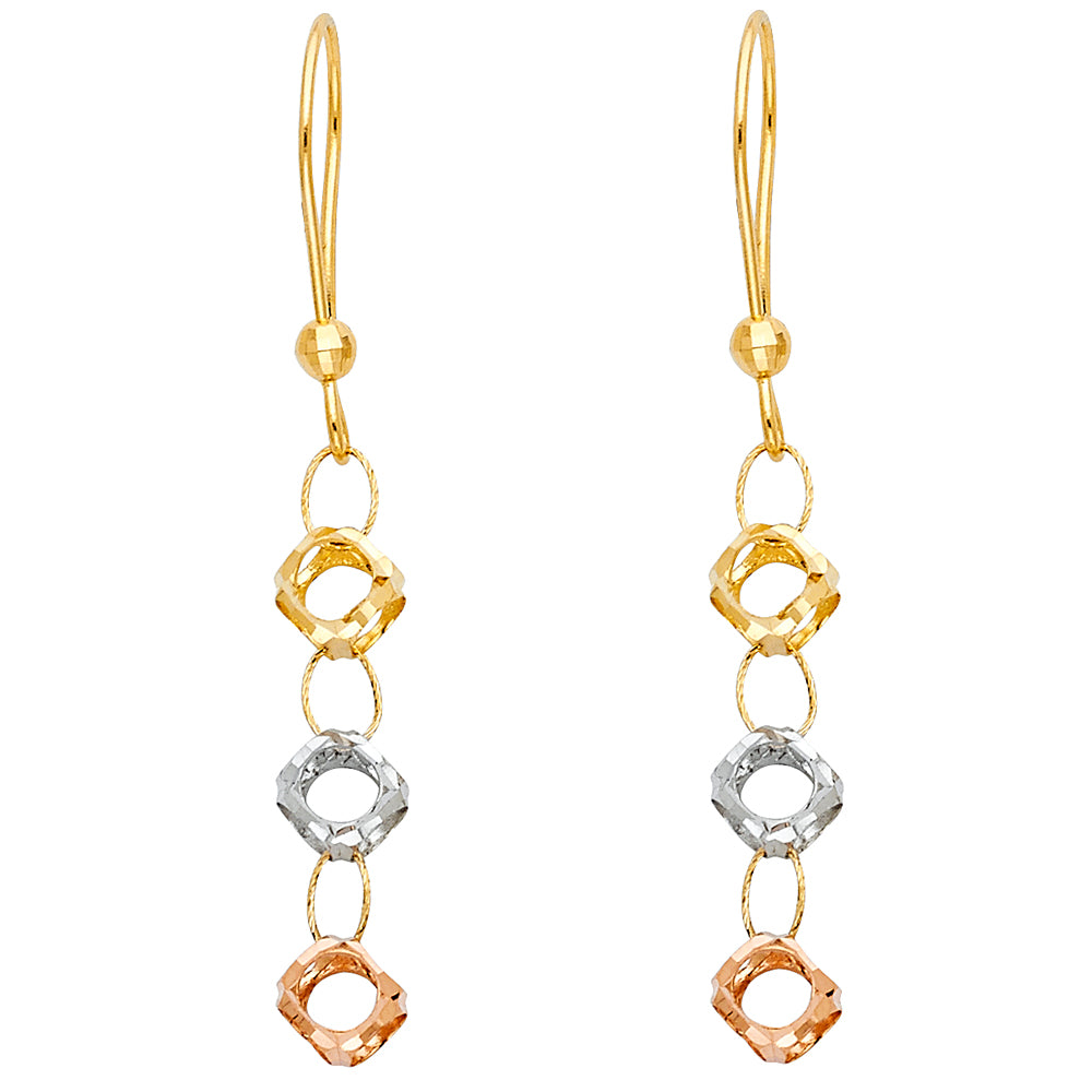 14K Tri-Color Gold Geometric Dangle Earrings
