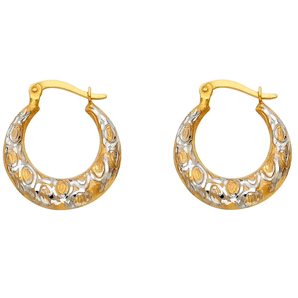 14K Two-Tone Gold Etched Design Hoop Earrings
