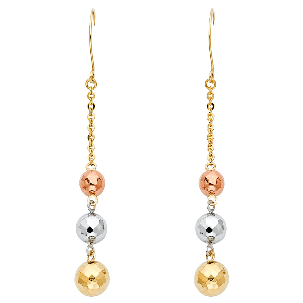 14K Tri-Color Gold Beaded Dangle Earrings