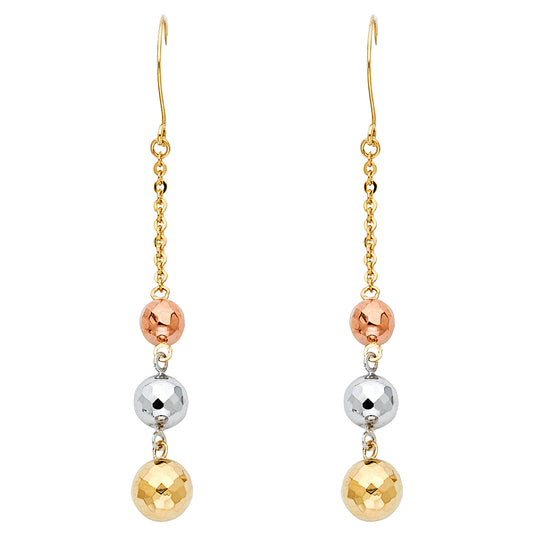 14K Tri-Color Gold Beaded Dangle Earrings