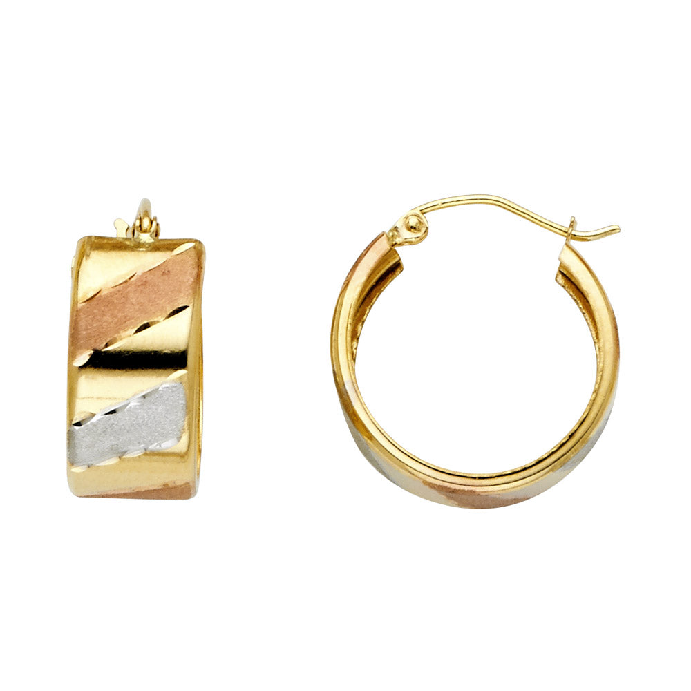 14K Tri-Color Gold High-Polished Hoop Earrings with Sandblast Diamond-Cut Accents aprox 3/4" in diameter