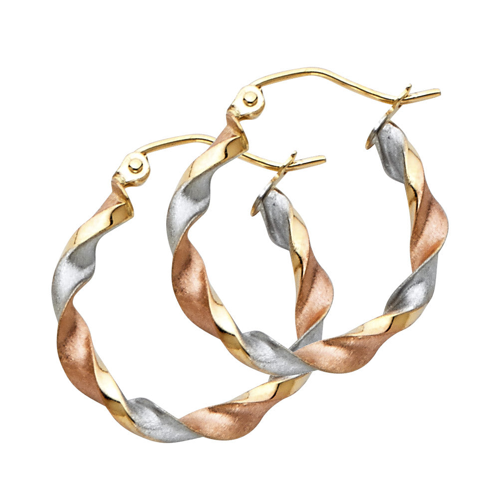 14K Tri-Color Gold Twisted Hoop Earrings 3mm thick aprox 3/4" in diameter