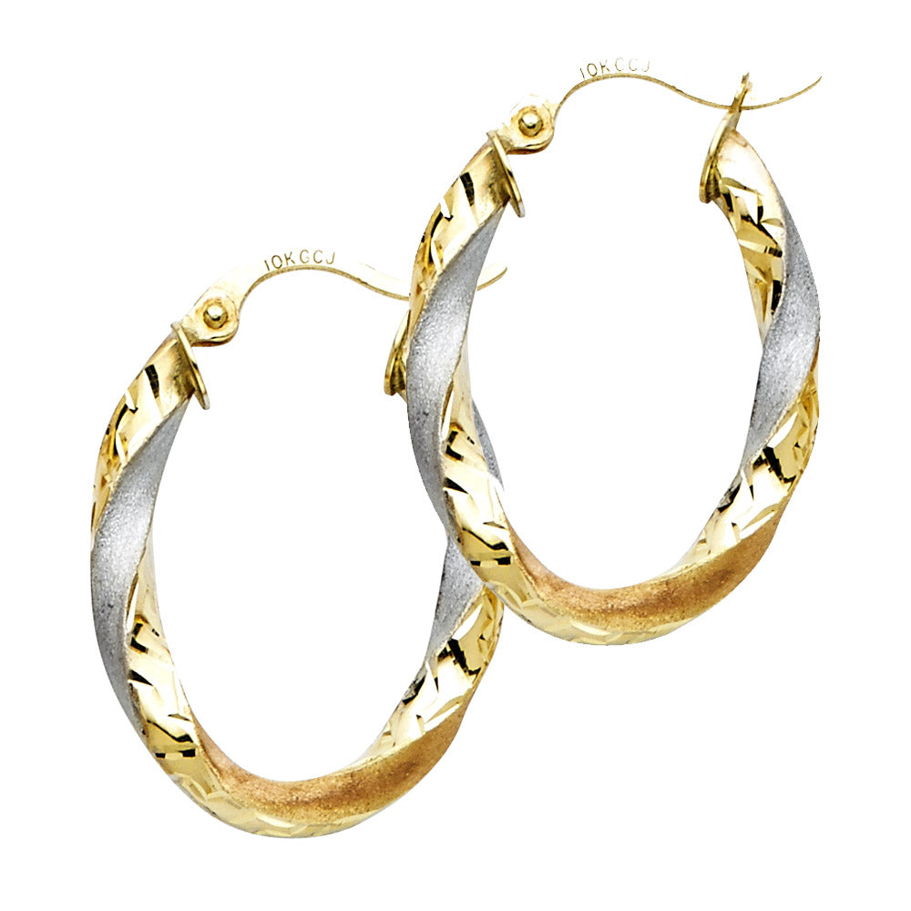 14K Tri-Color Gold Greek-Key Design Twisted Hoop Earrings 3mm thick aprox 1" in diameter