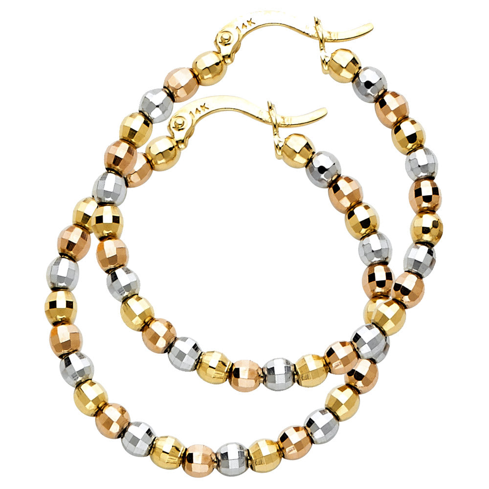 14K Tri-Color Gold Faceted Bead Hoop Earrings aprox 1 1/4" in diameter