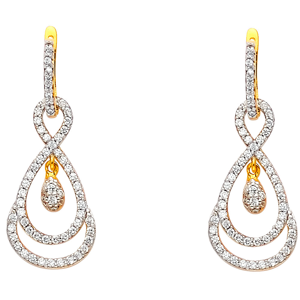 14K Two-Tone Gold Infinity Loop Teardrop CZ Dangle Earrings 1 1/4" tall
