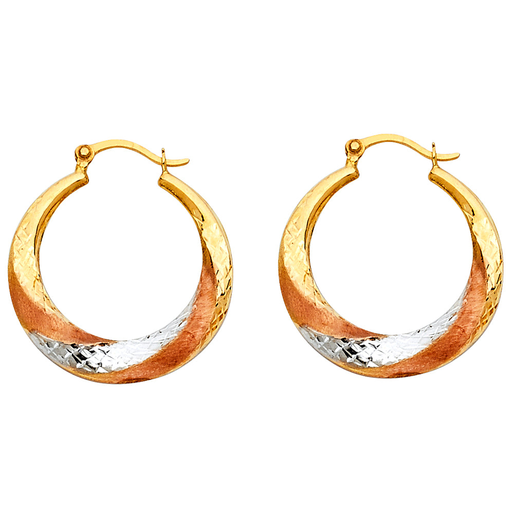 14K Tri-Color Gold Diamond-Cut Round Hoop Earrings