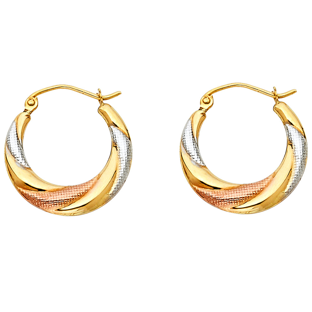 14K Tri-Color Gold Textured Hoop Earrings