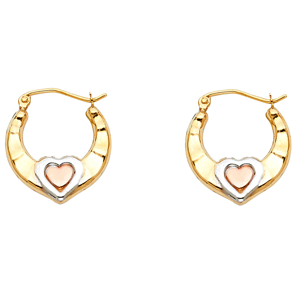 14K Tri-Color Gold Heart Design Hoop Earrings