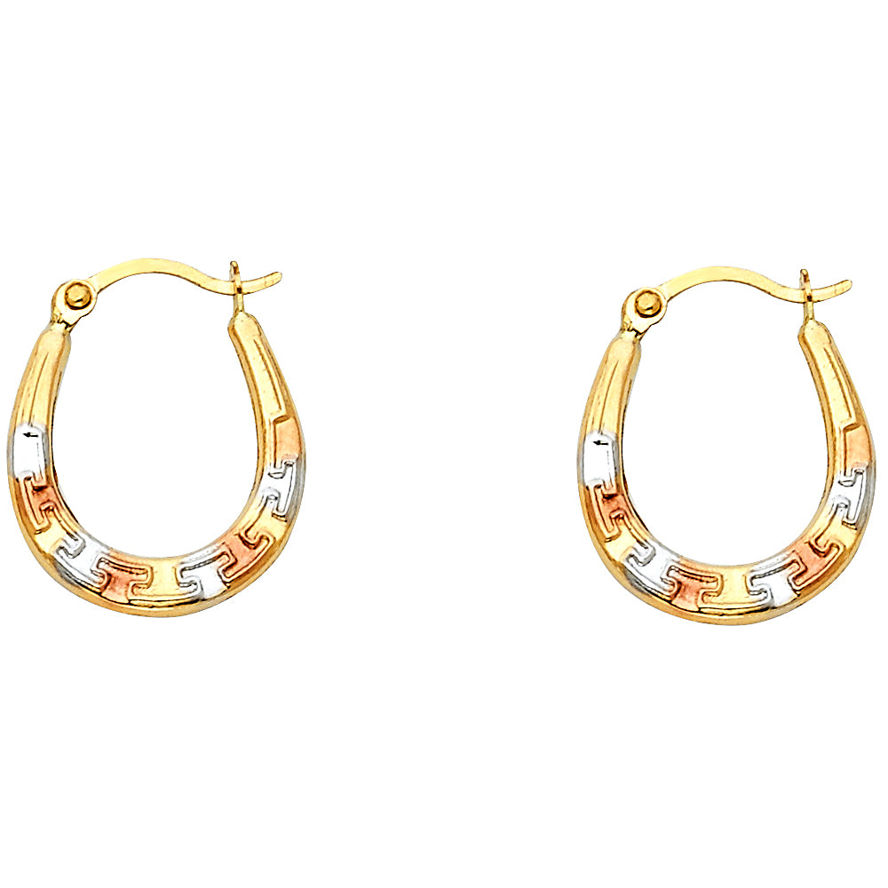 14K Tri-Color Gold Greek Key Hoop Earrings