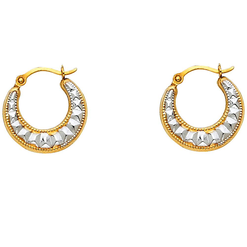 14K Two-Tone Gold Diamond-Cut Pattern Hoop Earrings