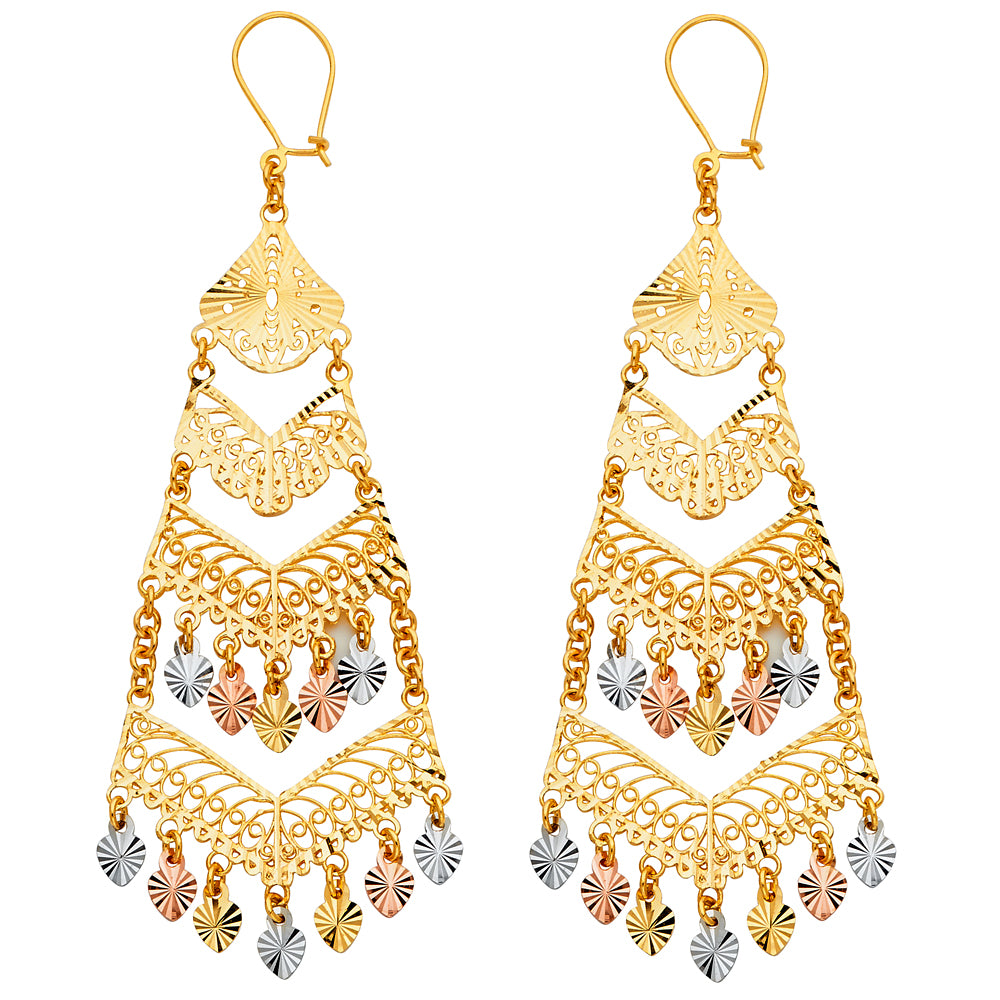 14K Tri-Color Gold Women’s Filigree Chandelier Dangle Earrings aprox 2 3/4" tall