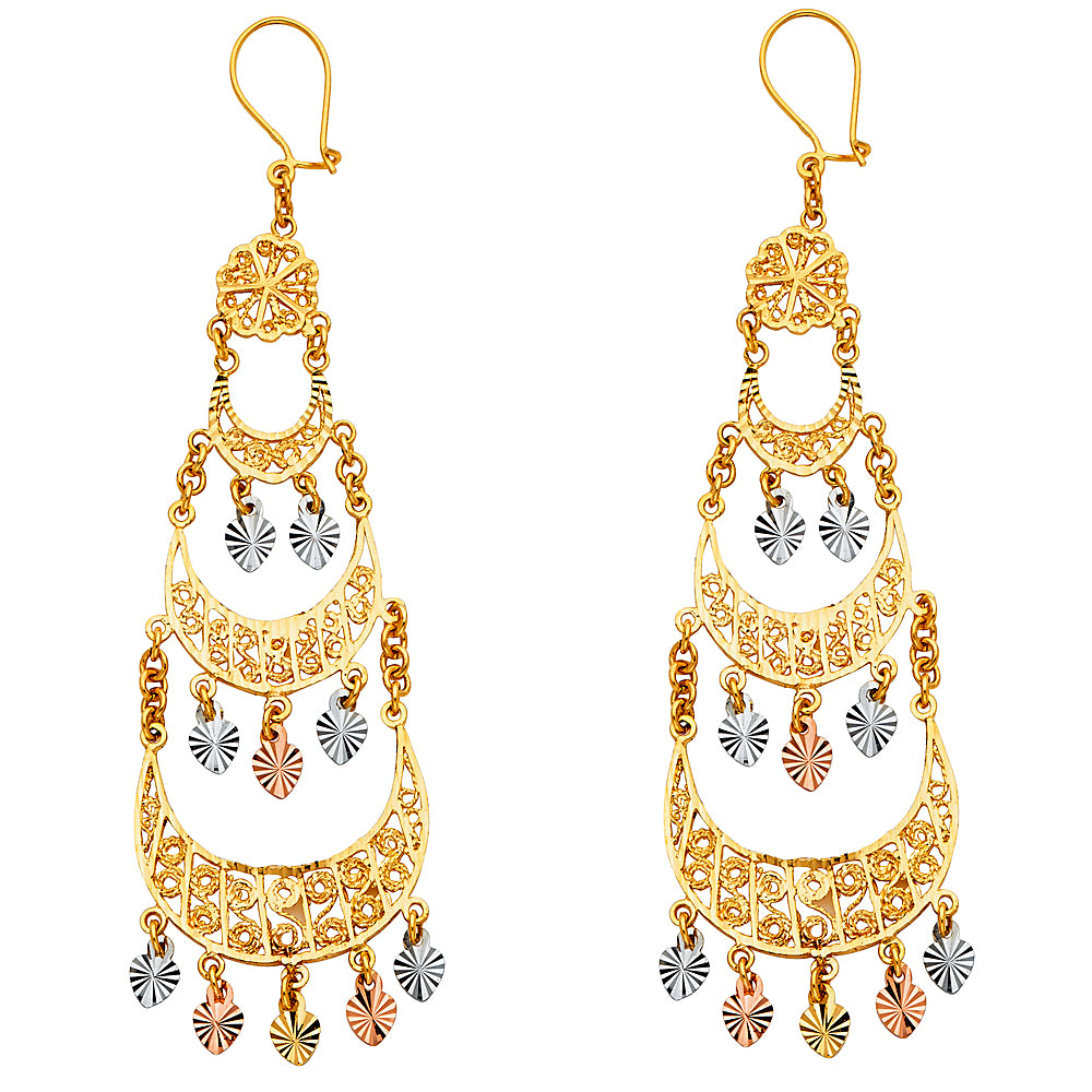 14K Tri-Color Gold Women’s Filigree Chandelier Dangle Earrings aprox 3" tall