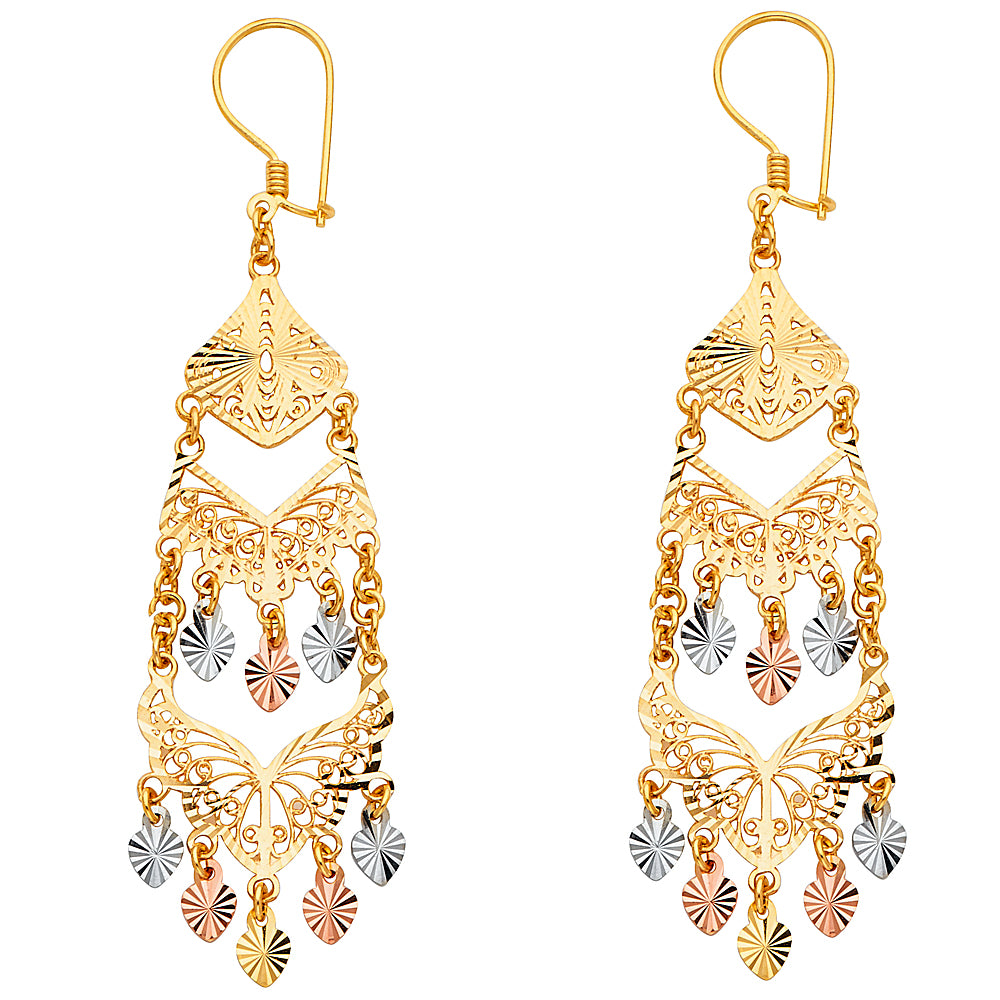 14K Tri-Color Gold Women’s Filigree Chandelier Dangle Earrings aprox 2 1/2" tall