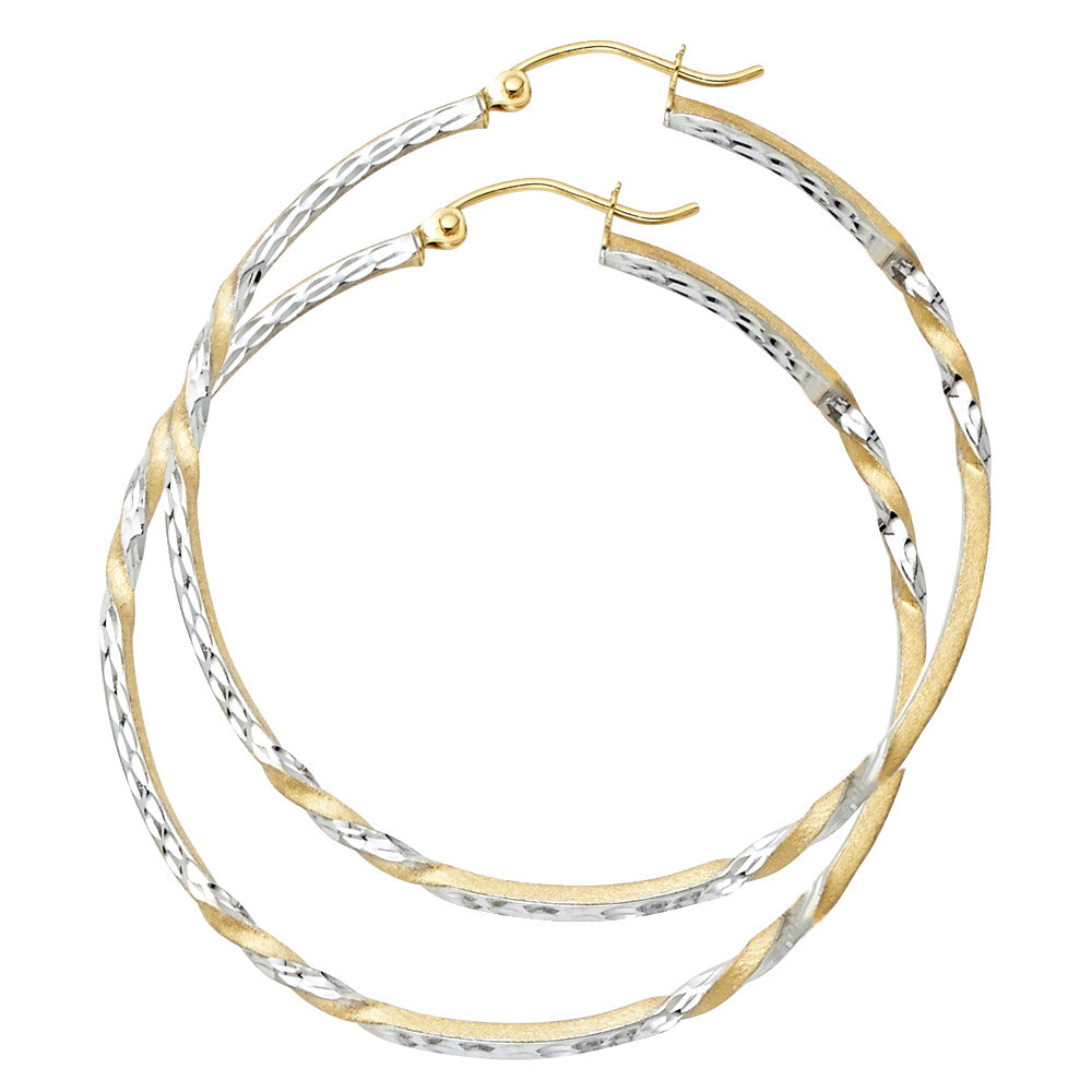 14K Two-Tone Gold Twisted Diamond-Cut Hoop Earrings 2.0mm thick aprox 1 3/4" tall