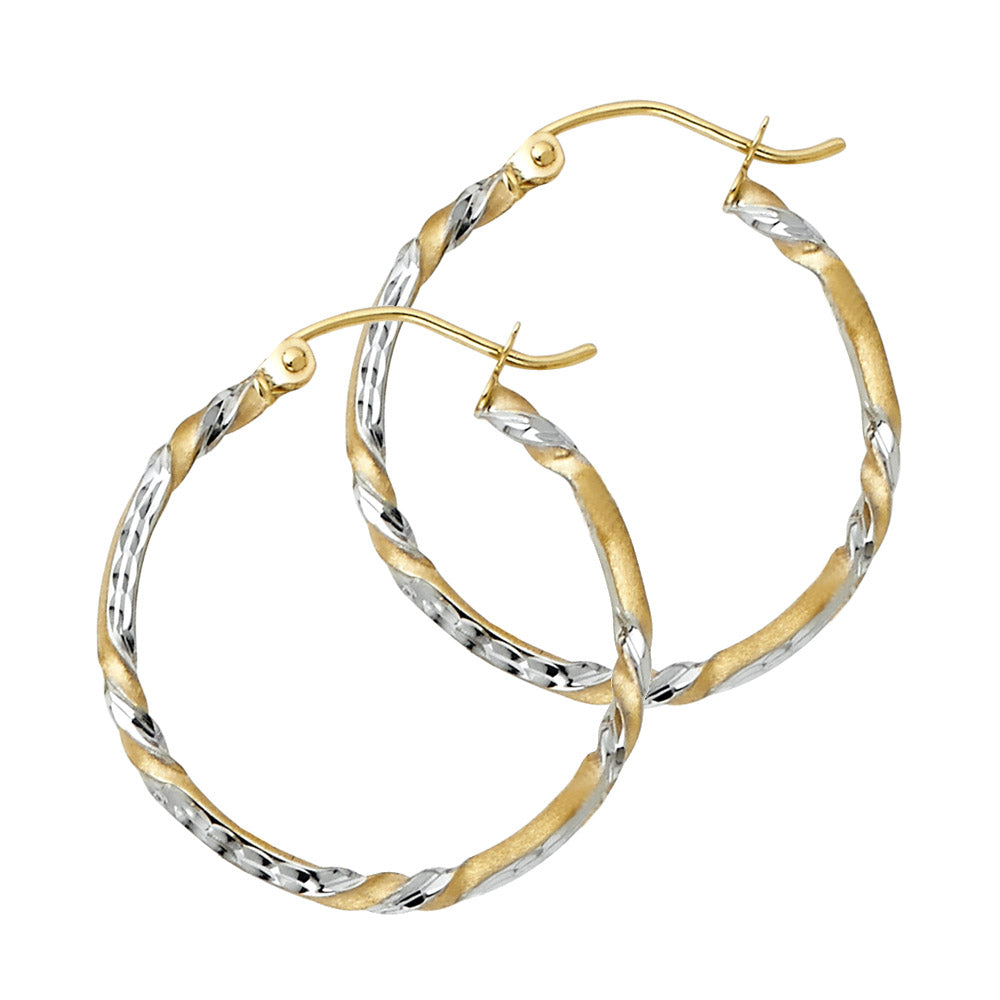 14K Two-Tone Gold Twisted Diamond-Cut Hoop Earrings 2.0mm thick aprox 3/4" tall