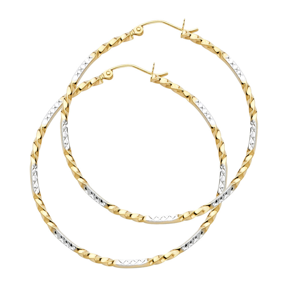 14K Two-Tone Gold Twisted Diamond-Cut Hoop Earrings 2.0mm thick aprox 1.5" in diameter