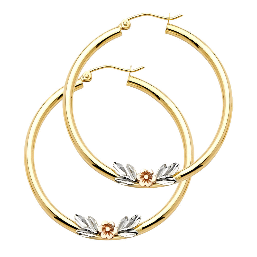 14K Tri-Color Gold Round Hoop Earrings with Flower Design aprox 1 1/2" in diameter