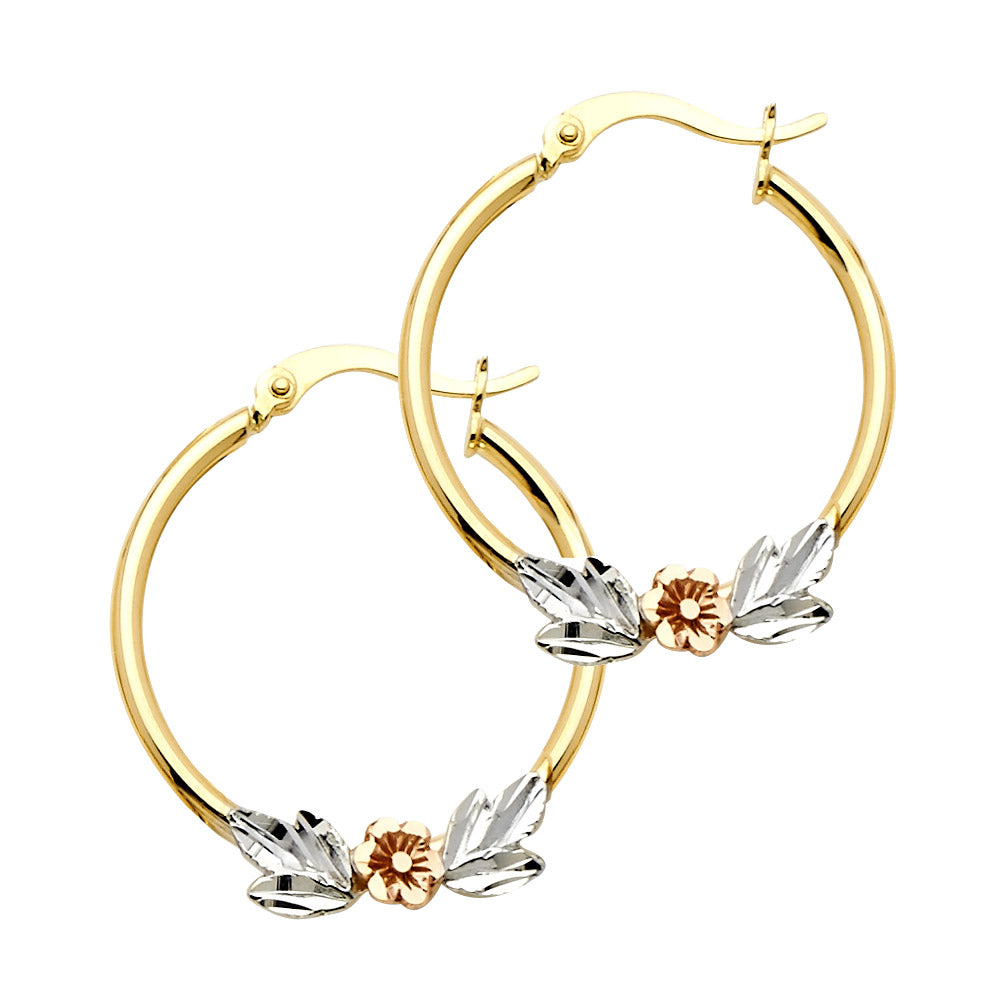 14K Tri-Color Gold Round Hoop Earrings with Flower Design aprox 1" in diameter