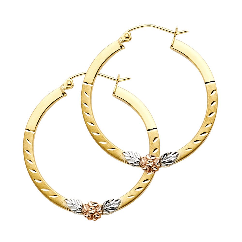 14K Tri-Color Gold Floral Design Hoop Earrings aprox 1 1/4" in diameter