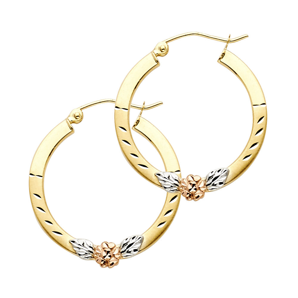 14K Tri-Color Gold Floral Design Hoop Earrings aprox 1" in diameter